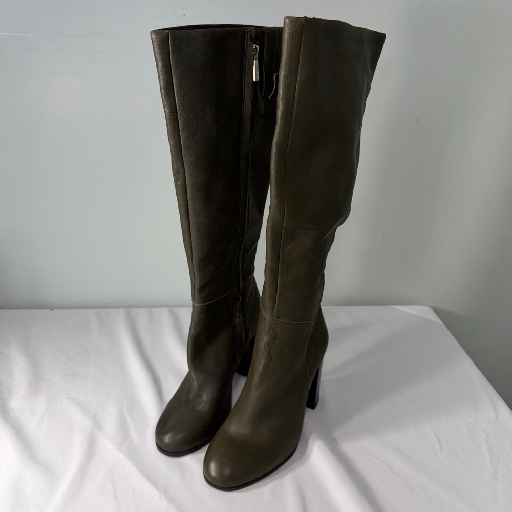 Kenneth Cole Justin Olive Green Leather Knee High Block Heel Boots 5.5